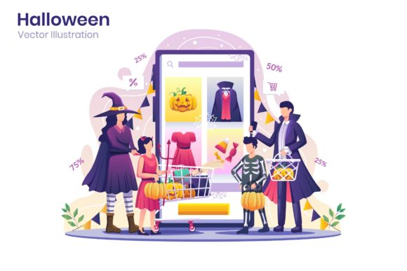 Halloween Shopping Flat Illustration: A Versatile Design Solution for Digital Projects