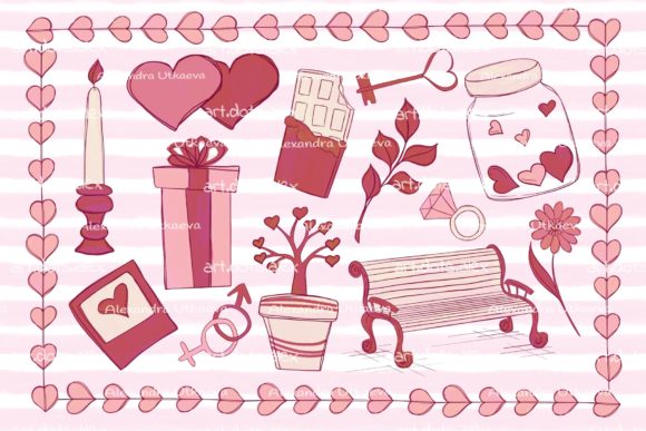 Set of Cute Illustrations Valentines Day