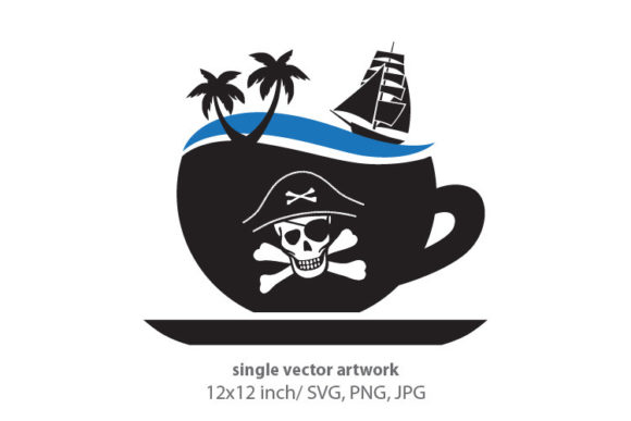 Unleashing Creativity with a Coffee Cup, Pirate Skull, and Sea Waves Vector Design